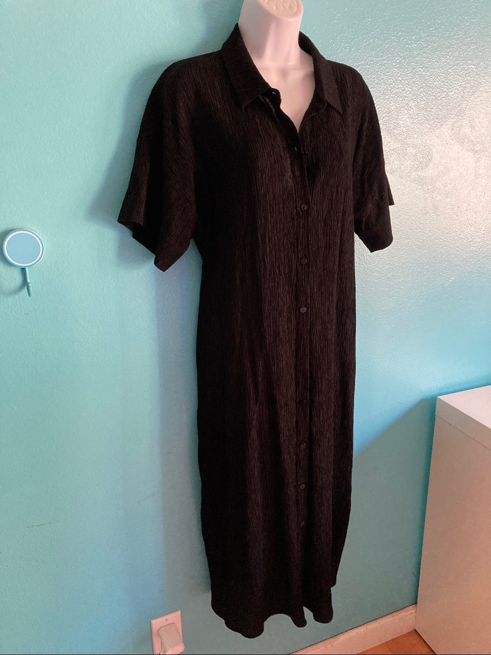 Eileen Fisher Black Plisse Crinkle Midi Shirt Dress Size L Unworn Condition